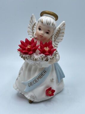 Vintage Lefton December Birthday Angel with Poinsettias With Label Angel 3332